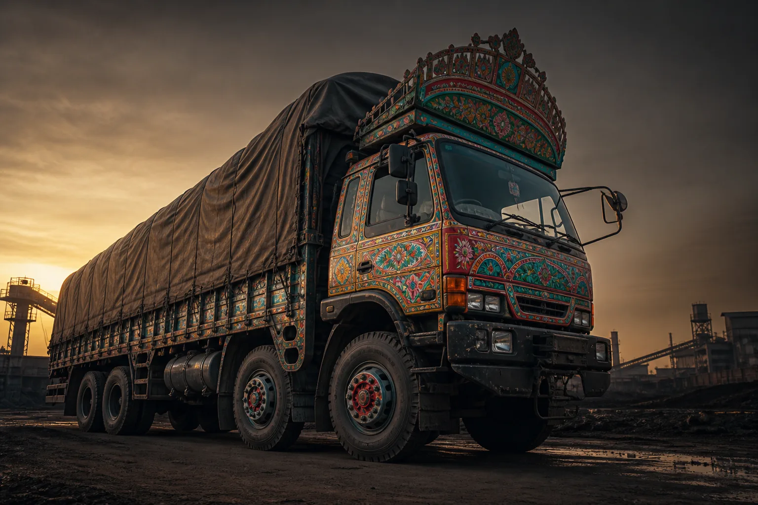 Decorated Pakistani commercial truck in an industrial transport yard